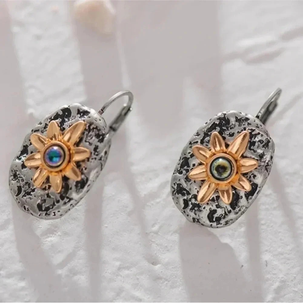 1 LEFT! Silver Sunflower Earrings Stud Hinge Boho Flower - Picture 3 of 5
